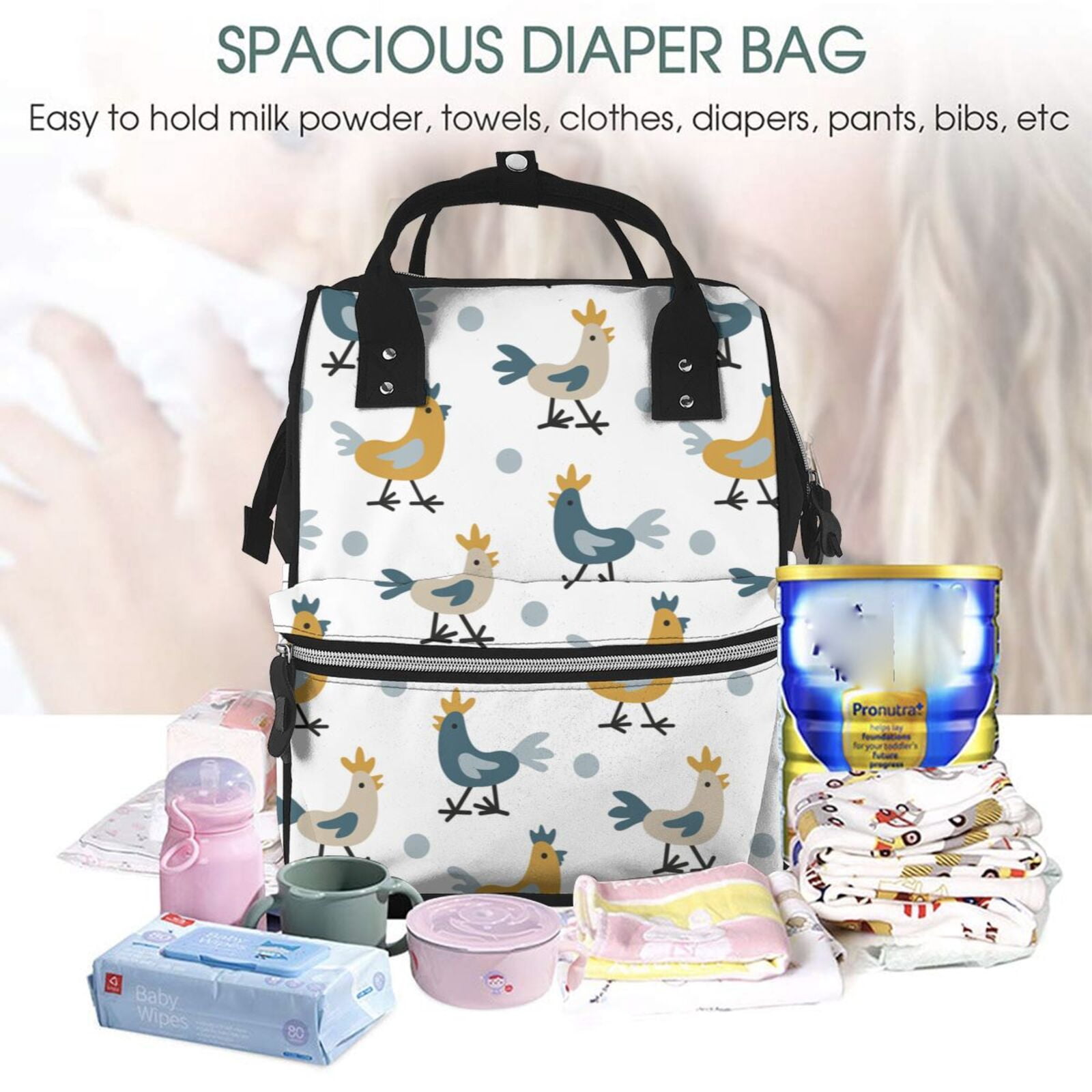 Fuzoiu Farm Roosters Print Diaper Bag Backpack,Baby Essentials Travel Tote,Multi function Waterproof Diaper Bag, Travel Essentials Baby Bag - Unisex