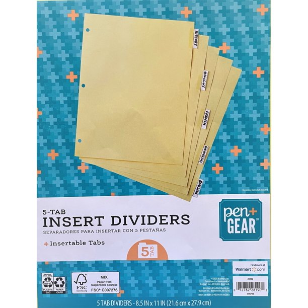 Pen+Gear Insertable Dividers, 5Tab, Buff Paper, Clear Tabs (28190