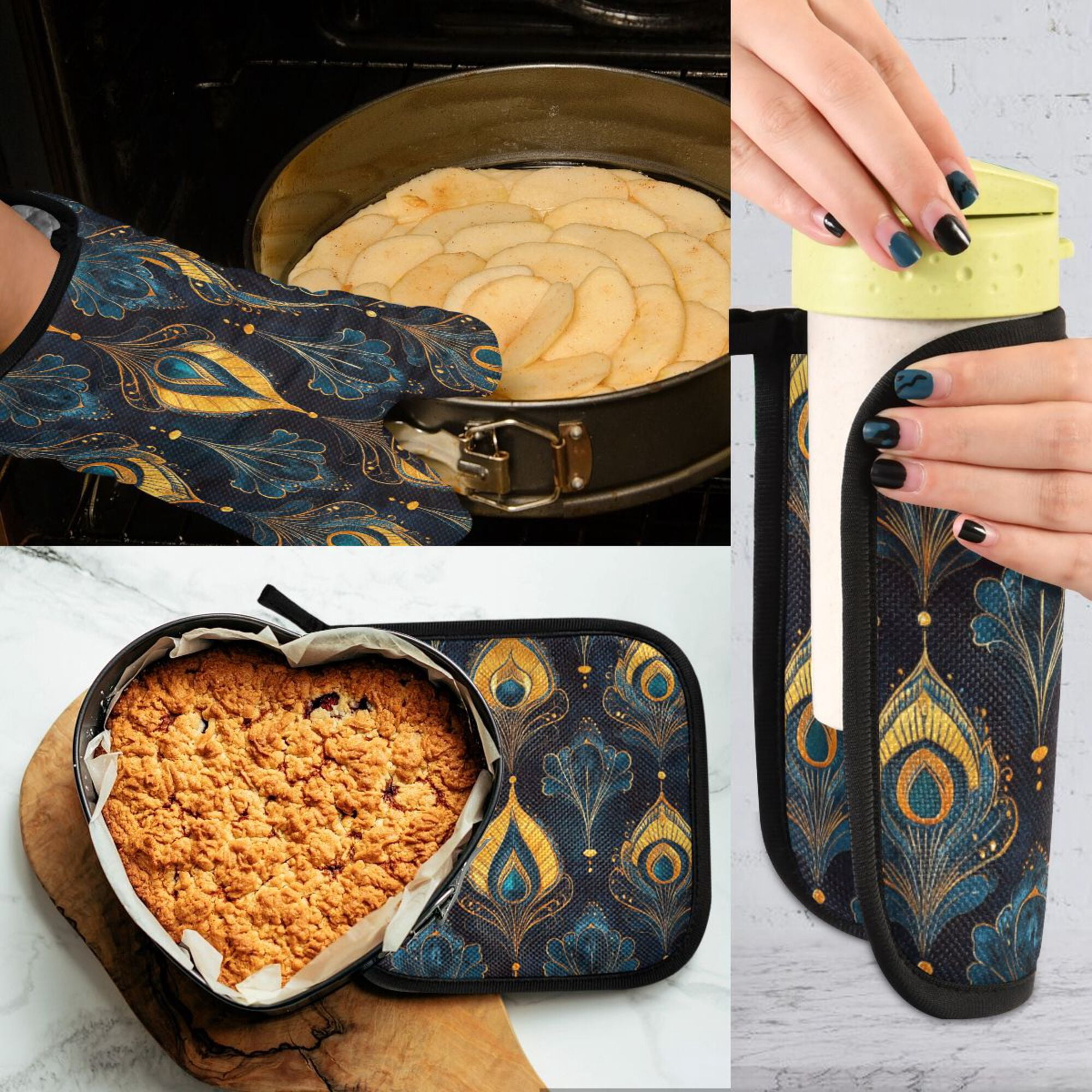 Yayeee Oven Mitts and Pot Holder Set of 2 Heat Resistant Kitchen Gloves Baking Hot Pad, Navy Blue Art Pattern