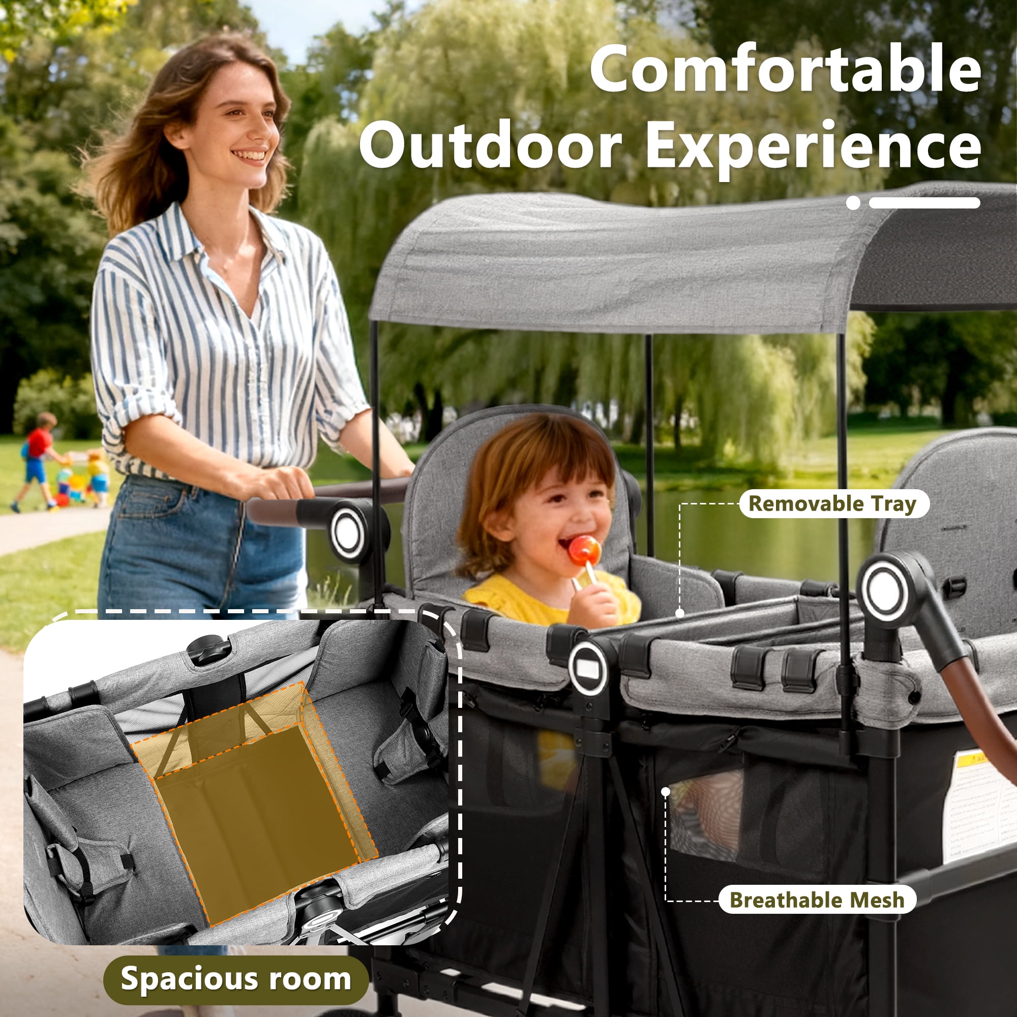 LINLUX 2 Kids Wagon Stroller, Foldable Outdoor 2-Seat Stroller Wagon, Removable Canopy, 55 Pound, Black Gray