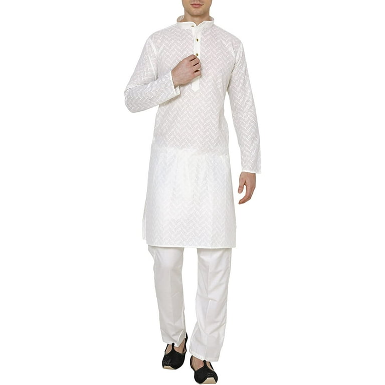 Royal Men s Lucknowi Chikan Embroidered 100 Cotton Comfortable Kurta Churidar Pyjama Set 44 Cream Beige