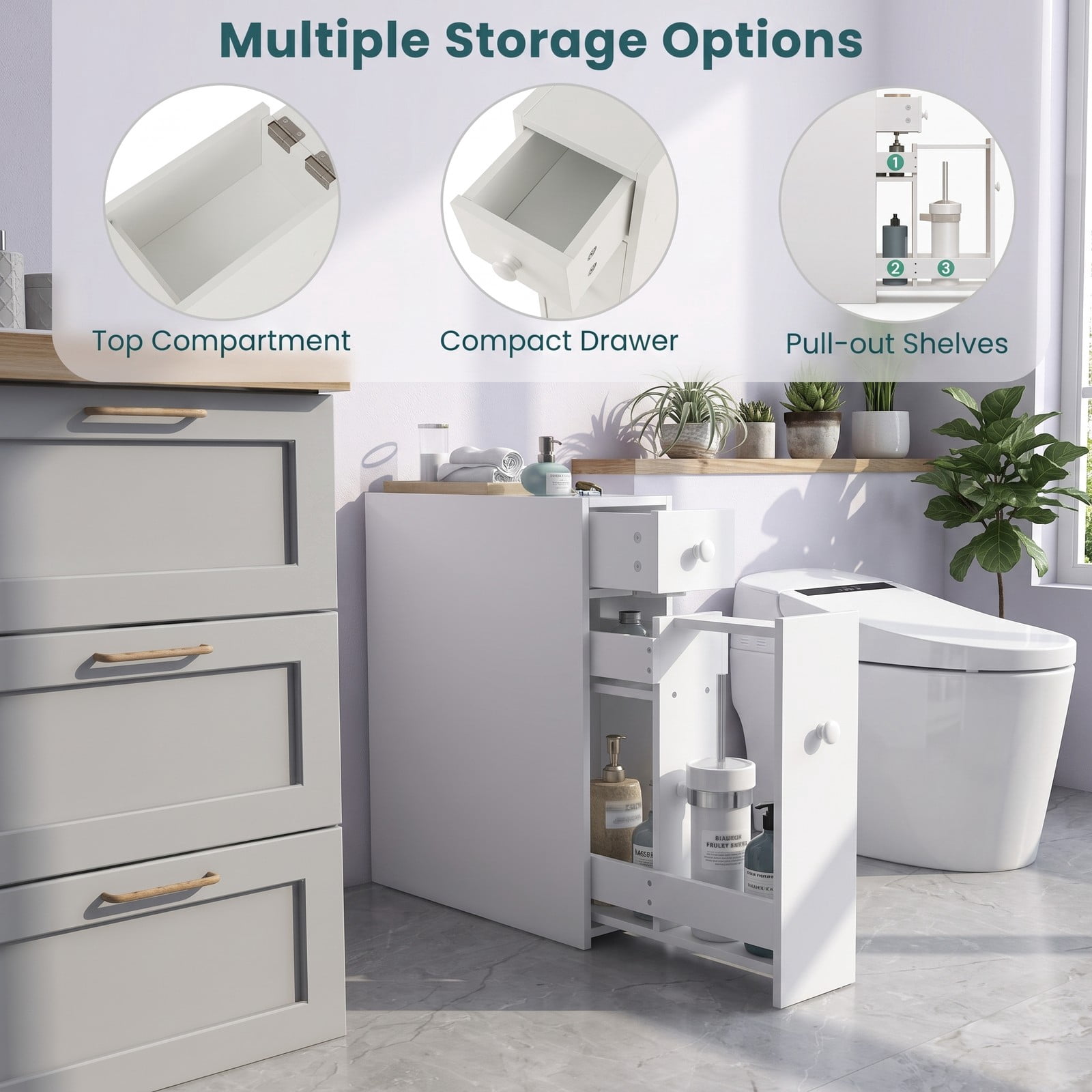 Fenbeli Slim Bathroom Floor Cabinet, Freestanding Slide-Out Space Saver Storage Organizer with Door, Narrow MDF Side Cabinet for Bathroom Living Room Kitchen, White