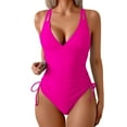 thumbnail image 2 of Xfvqtps Womens One Piece Swimsuit High Cut with Drawstring Back Cut out Ring Linked V Neck Adjustable Strap Tummy Control Solid Color Beach Summer Monokini Swim Suit Hot Pink, 2 of 8
