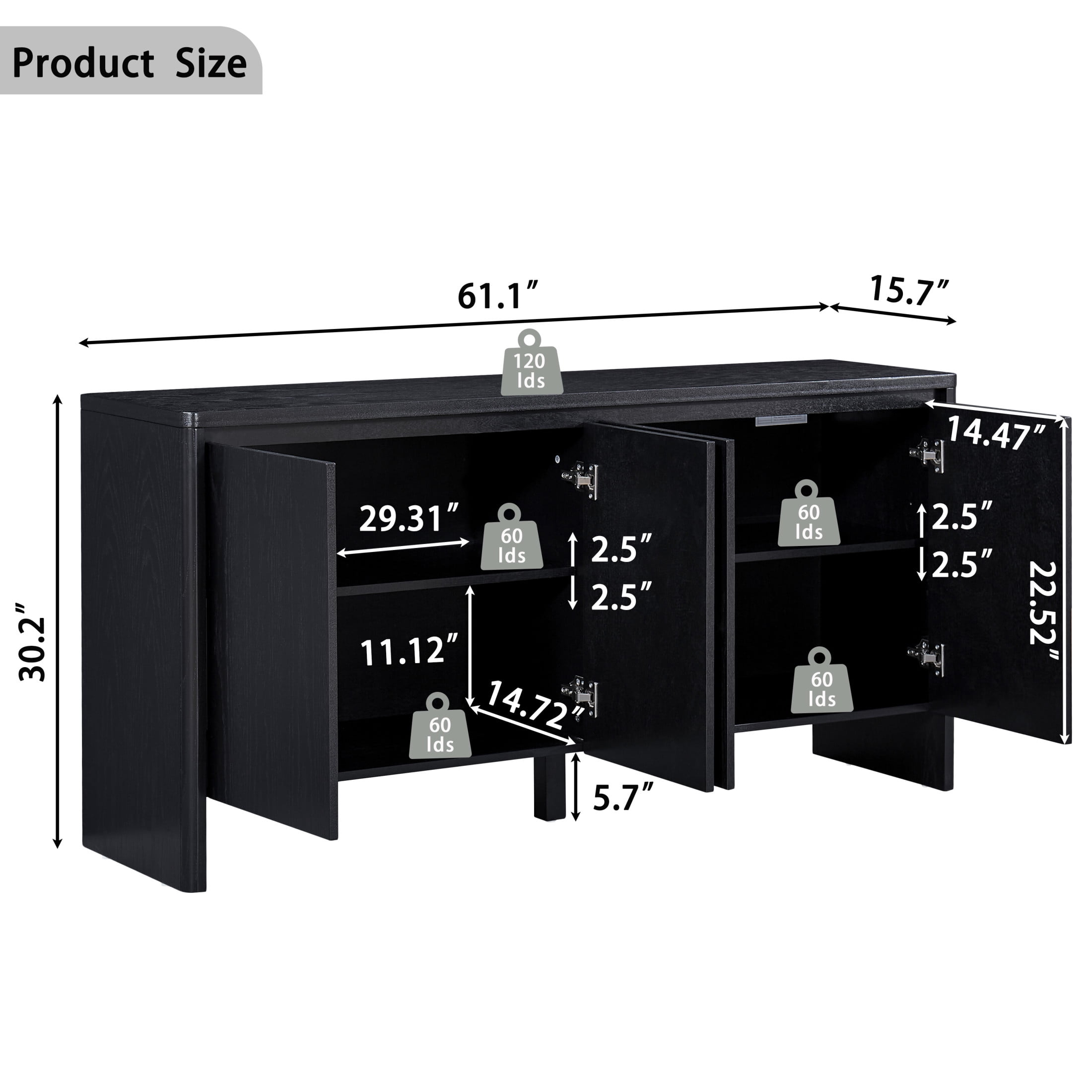 GDF Studio 61.1-Inch Mid-Century Sideboard Buffet Cabinet with Adjustable Shelves, Outlet Holes, Black
