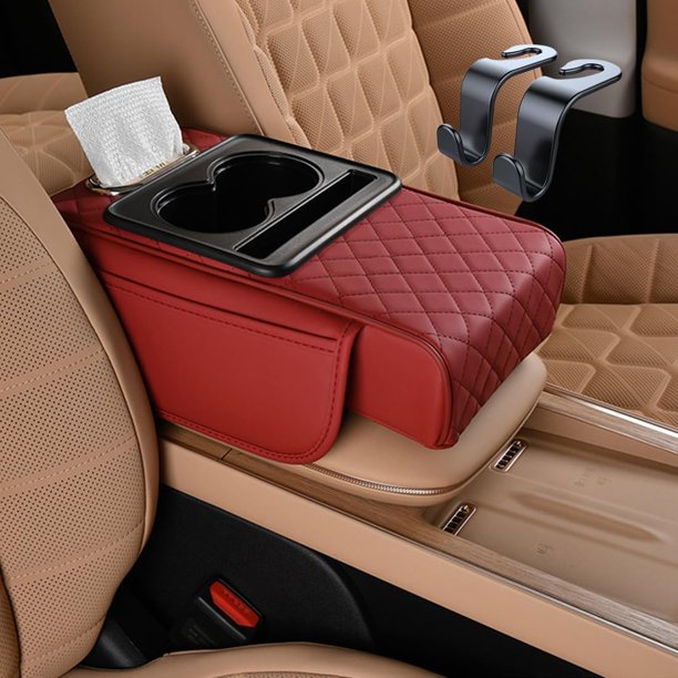 Genérico Multifunctional PU Leather Car Armrest Box Mat, Car Armrest Cushion, Center Console Cover with 2 Cup Holder, Tissue Box Slot for Most Cars (Red)