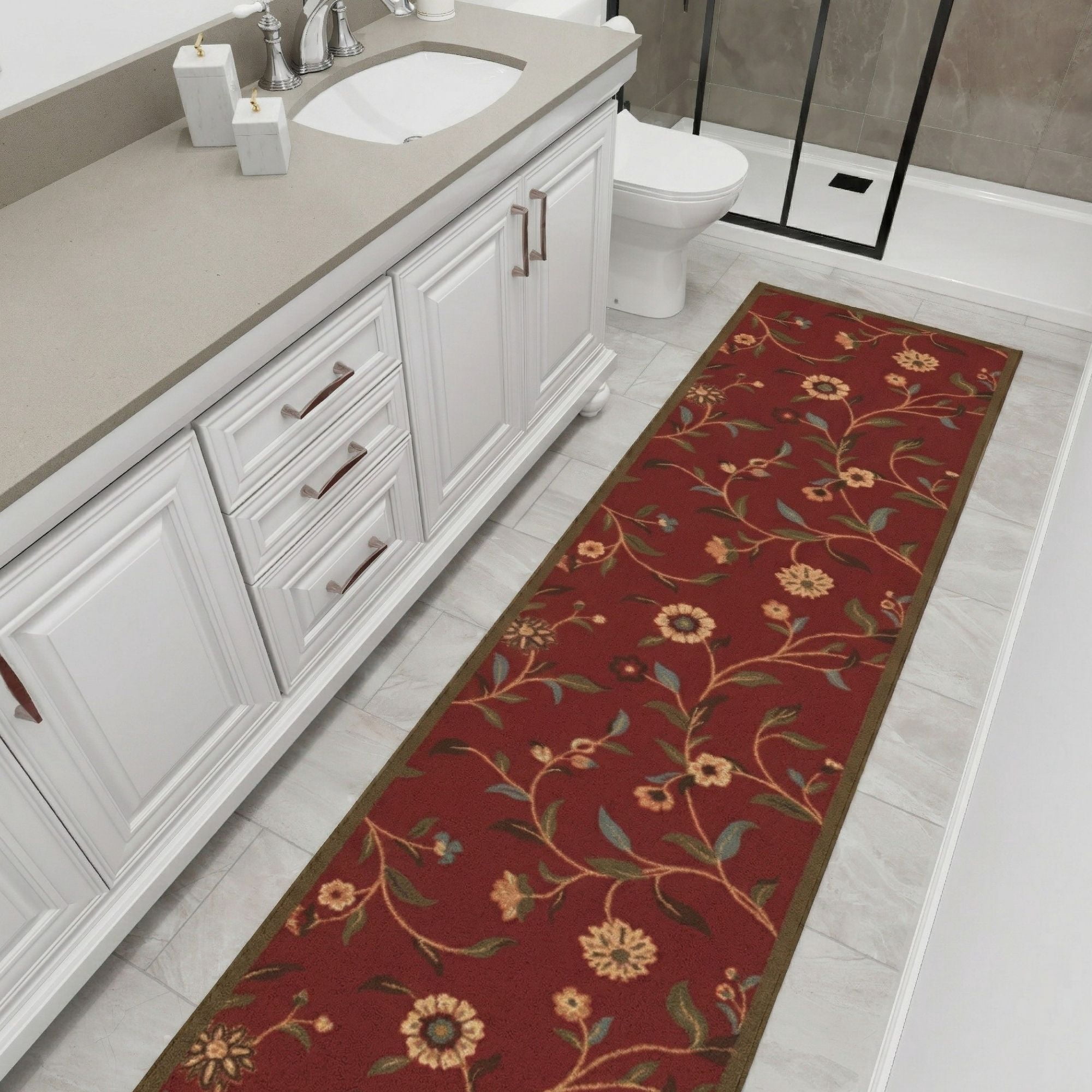 Ottomanson Hallway Runner Rug 2'7" x 11' – Non-Slip Low Pile Carpet for High Traffic Areas, Floral Red