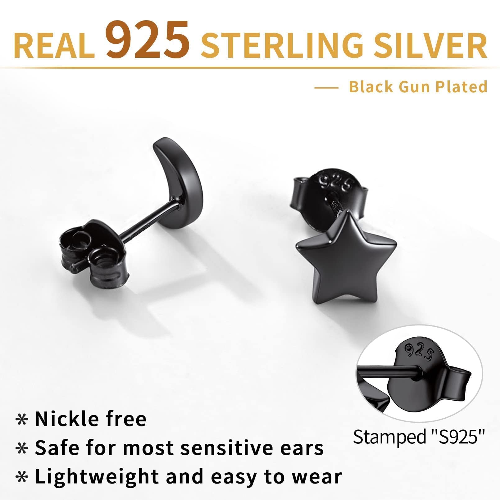 ChicSilver Small Black Earrings for Women Moon Star Stud Earrings Charms Hypoallergenic Sterling Silver Jewelry for Daughter/Wife/Mom/Niece
