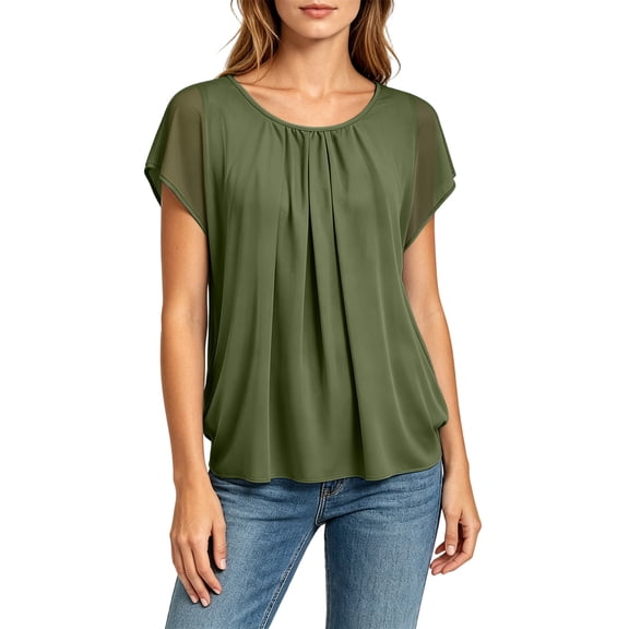 ClodeEU Women's Lightweight Round Neck Cap Short Sleeve Pleated Blouse,Casual Loose Babydoll Top Army Green,Women's Plus L