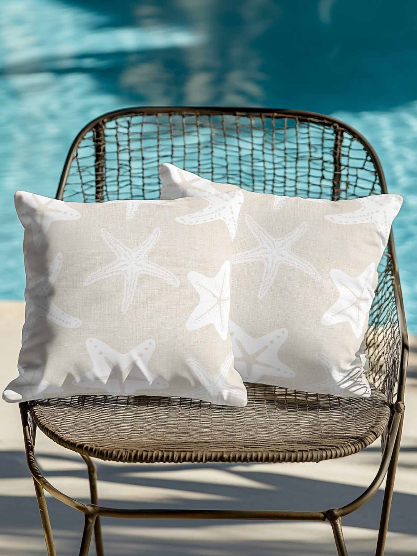 Outdoor Pillows Waterproof, Beige White Starfish Coastal Bedding Throw Pillows with Insert for Couch Sofa Bed, Nautical Summer Ocean Abstract Art 16x16 Inch Pillowcases Patio Pillow Set of 2