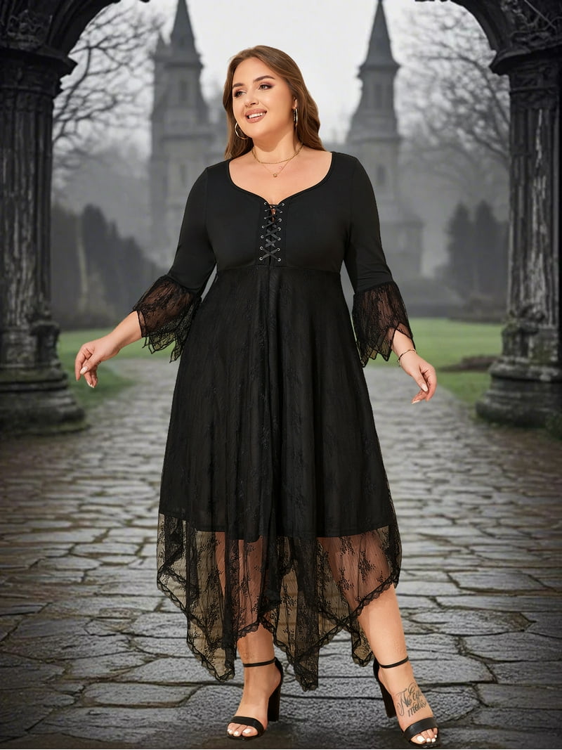 LapaPlus Womens Plus Size Gothic 3/4 Sleeve Irregular Lace Party