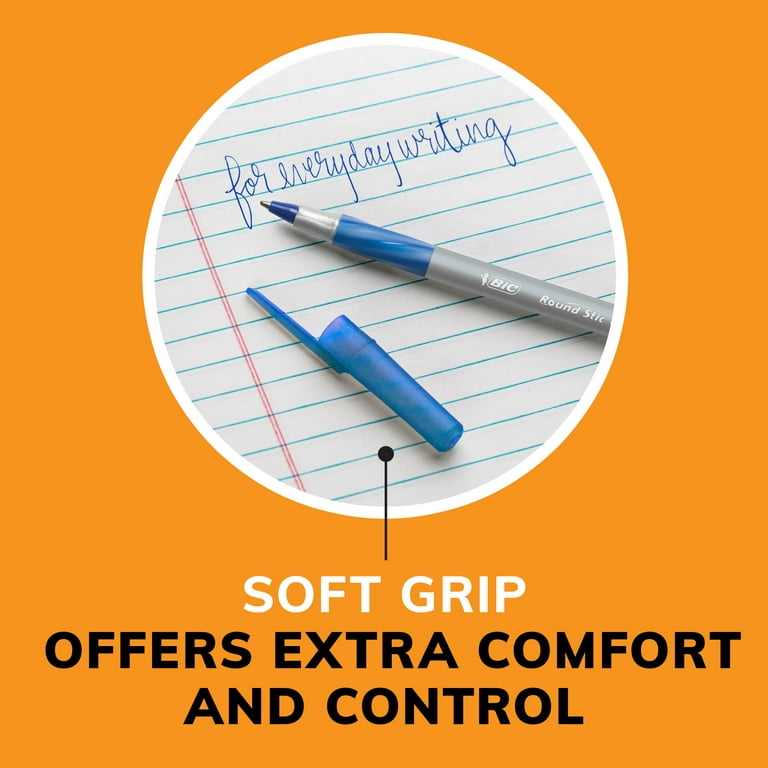 BIC Round Stic Grip Xtra Comfort Ballpoint Pen, Classic Medium Point (1.2  mm), Box of 24 Blue Pens