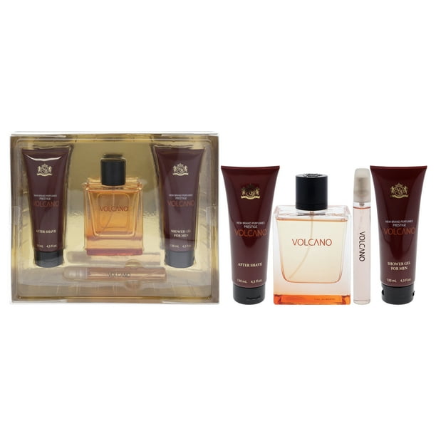 Prestige Volcano de New Brand para hombres: juego de regalo de 4 piezas en spray EDT de 3.3 oz, spray EDT de 0.5 oz, gel de ducha de 4.3 oz, después del afeitado de 4.3 oz