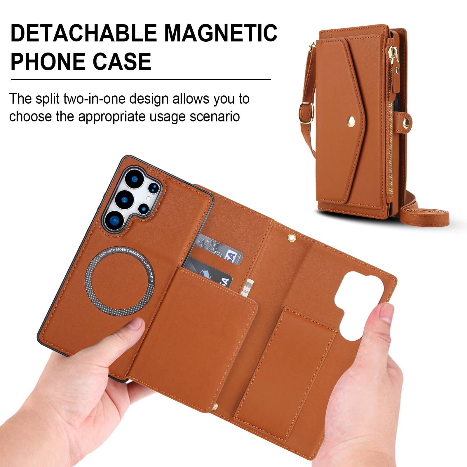 Designed for Samsung Galaxy S24 Multi-Function Wallet Phone Case,With Shoulder Strap&Wrist Strap,Cash Pocket&Card Slots,Zipper Purse,Magnetic Detachable PU Leather Flip Phone Case,Brown
