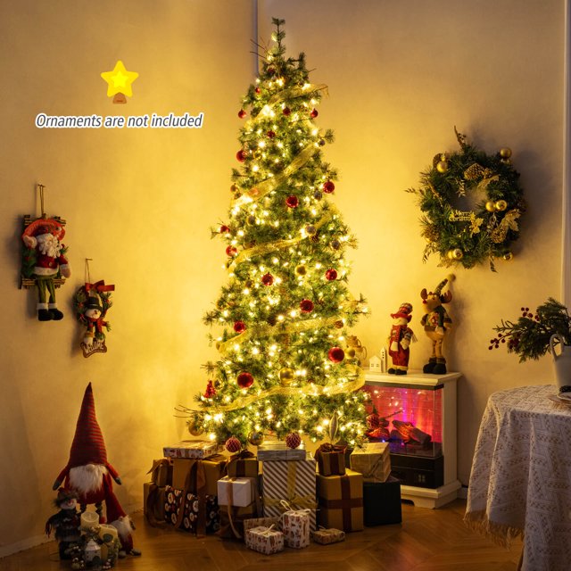 Costway 8 FT Artificial Christmas Tree with 702 Branch Tips, 36 Pine Cones & 400 LED Lights