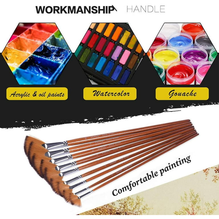  Artist Fan Paint Brushes Set,9 Pcs Professional Soft  Anti-Shedding Fan Brush for Acrylic Oil Watercolor Gouache Painting Kits  with Long Handle Nylon Hair