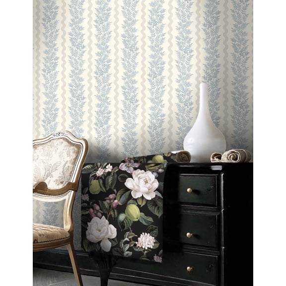 Neutral Blue Floral Stripe Print Non Woven Non-Pasted Textured Wallpaper 57 Sq. Ft.