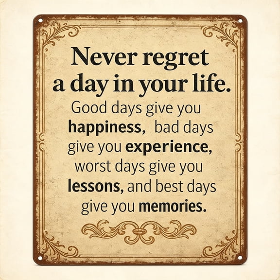 TELOLY Vintage Inspirational Quote Metal Sign-Never Regret a Dayin Your Life-Motivational Wall Art for Office,Home,Or Classroom-Positive Gift for Friends,Coworkers,And Graduates(Never Regret)