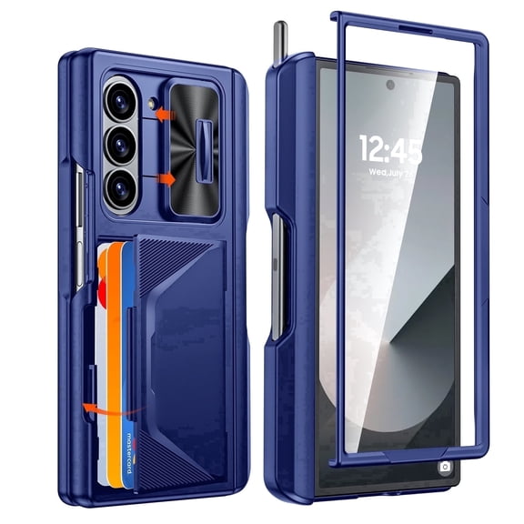Vizvera for Samsung Galaxy Z Fold 6 Phone Case,with RFID Cards Holder,S Pen Holder,Camera Cover, Shockproof Silicone Protective Case-Blue