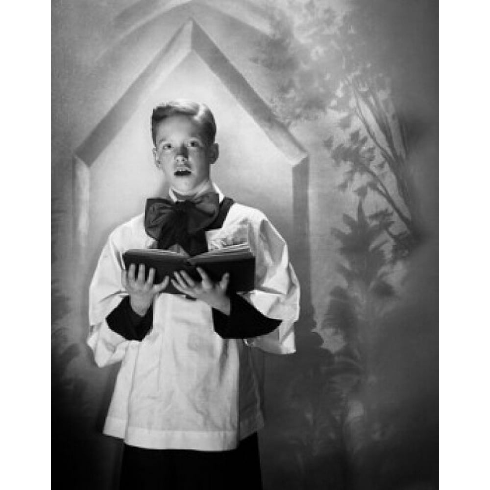 Choir boy holding a book and singing Poster Print