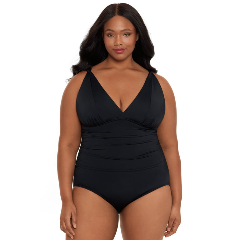 Time and Tru Women's and Women's Plus Size Solid Black Plunge V Neck One  Piece Swimsuit 