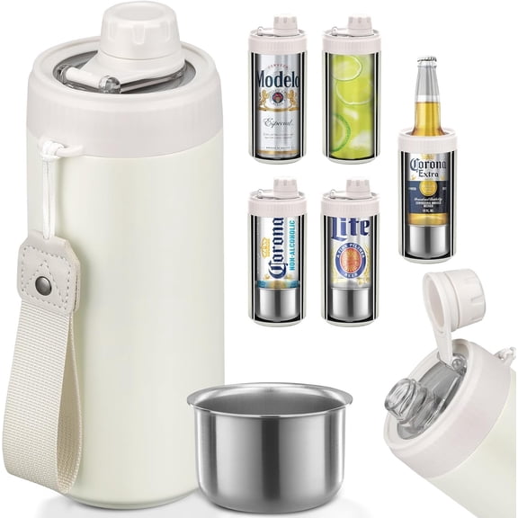 5-in-1 Insulated Can Cooler with Fizz Lid, 12 & 16 oz Slim Can Cooler for &Soda, Stainless Steel Can Holder for Regular Universal Bottles (White)