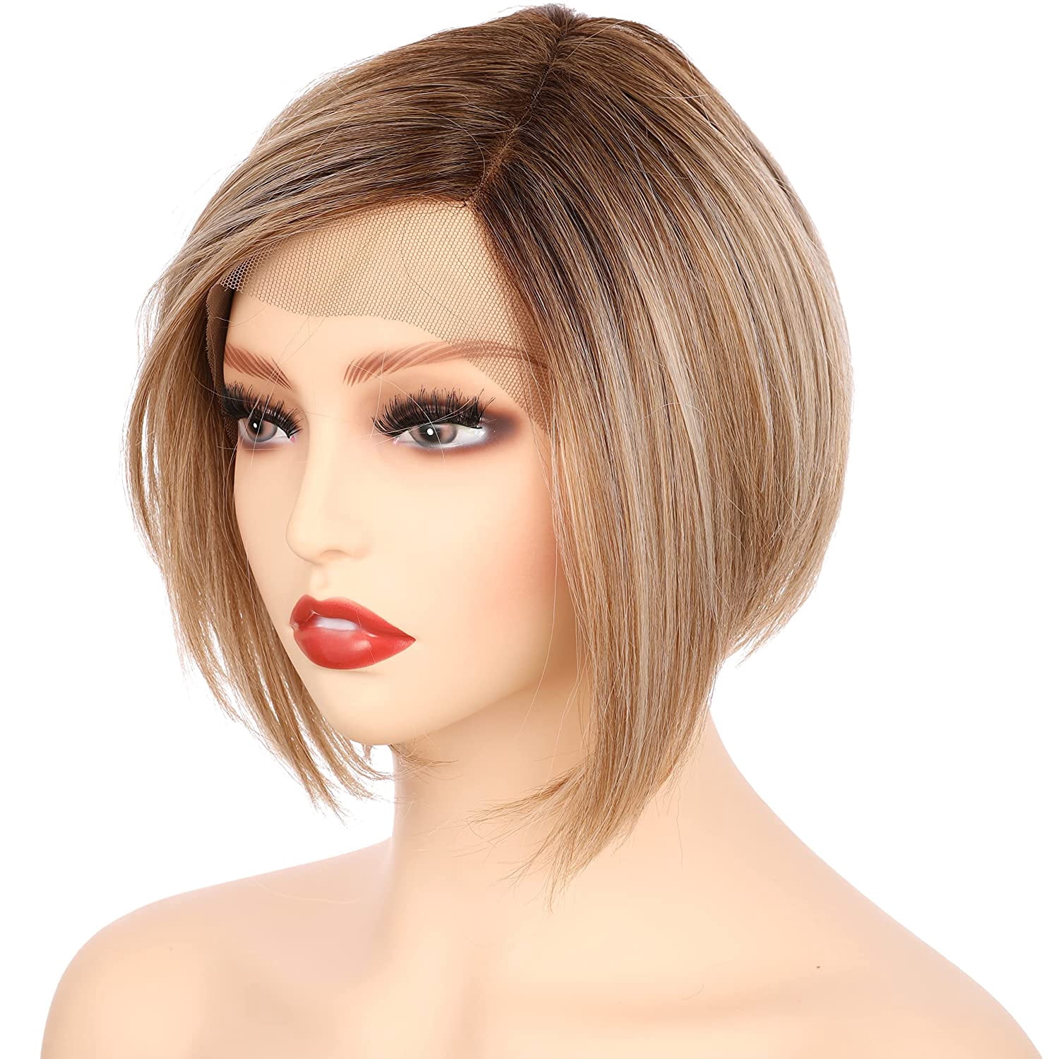 OneDor 8 Inch Angled Layers Lace Front Wig Relaxed Straight Bob wig (Dark Natural Blonde Blended & Pale Golden Blonde with Dark Roots-OT8/386/624) …