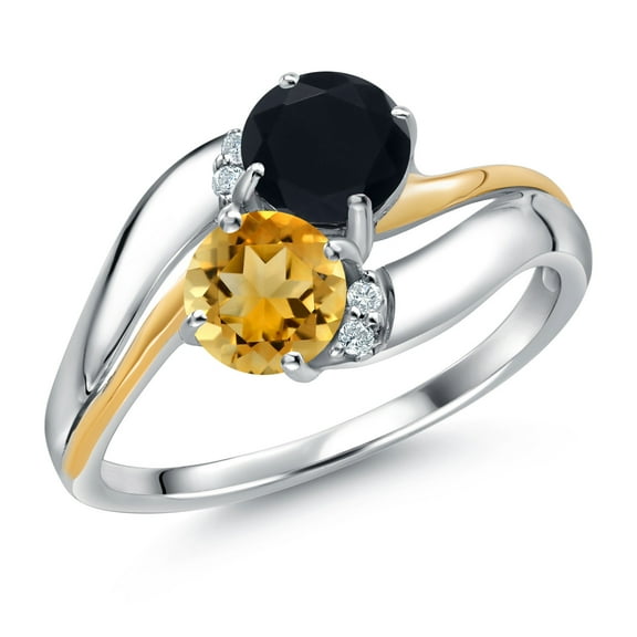 Gem Stone King 925 Sterling Silver and 10K Yellow Gold Yellow Citrine Black Onyx 5MM Round 2 Stone and Lab Grown Diamond Accent Ring for Women (1.23 Cttw, Gemstone November Birthstone, Size 9)