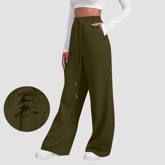 CQONEPT Womens Baggy Trousers Fleece High Waisted Wide Leg Lounge Drawstring Sweatpants Elastic Waist Causal Pants with Pockets Army Green L