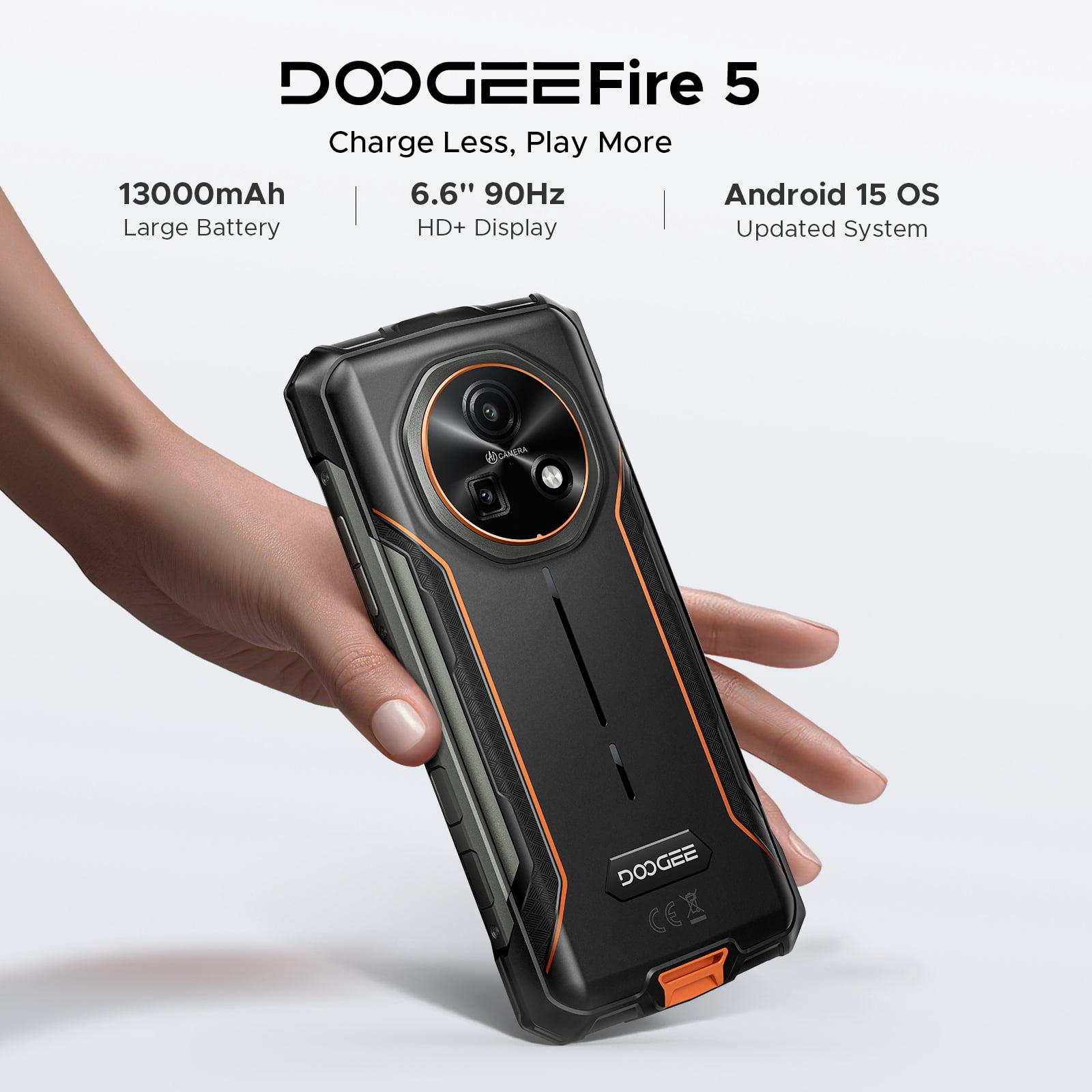 DOOGEE Fire 5 Rugged Phone Unlocked,13000mAh/Reverse Charging Android 15 Dual Sim,6.6" HD+90Hz Waterproof Phone 12GB+64GB,2TB Expand,Nfc,Face ID,Otg
