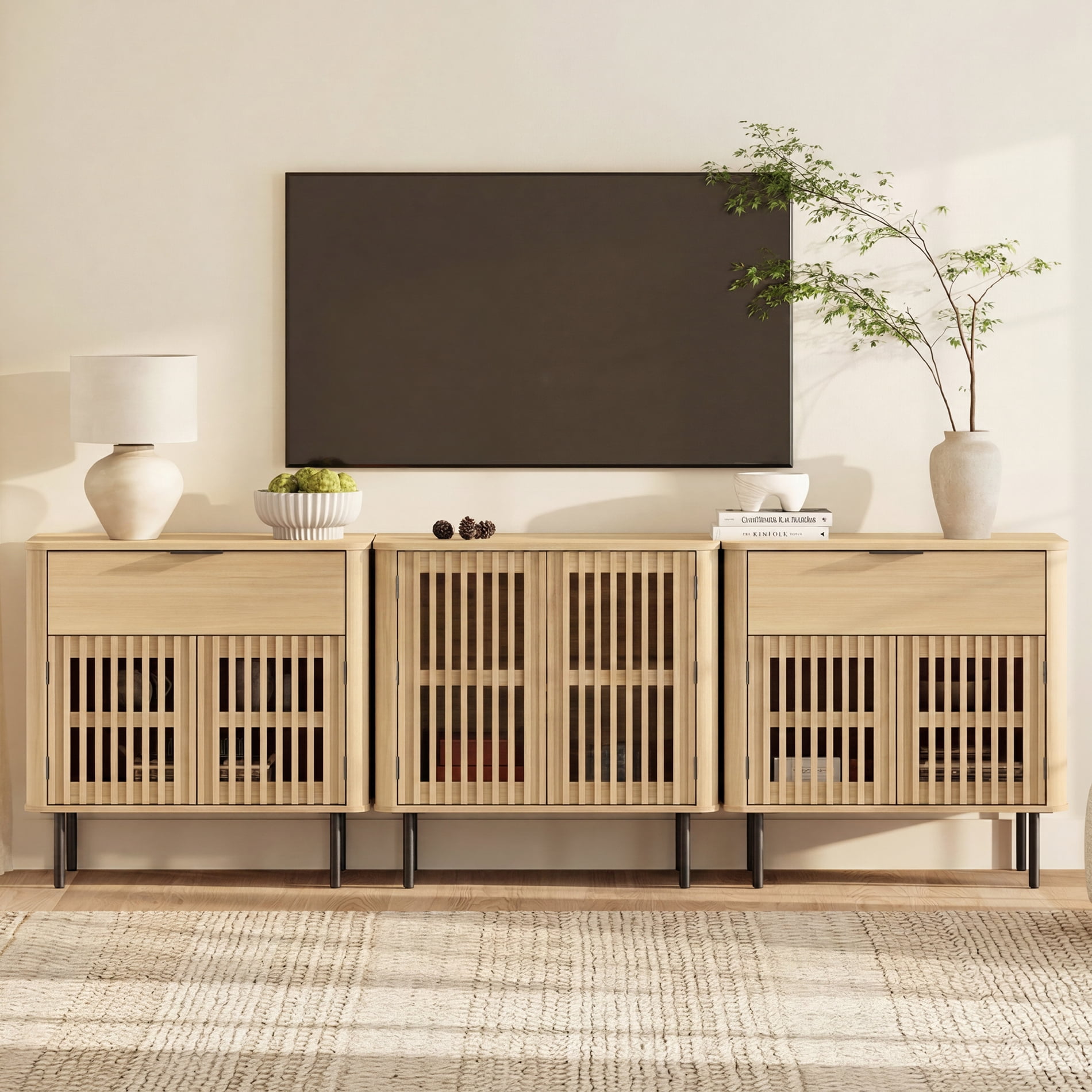 94.5 Inch Large Fluted Buffet Cabinet Sideboard with Storage,Wood Modern Accent Coffee Bar Console Table, Oak