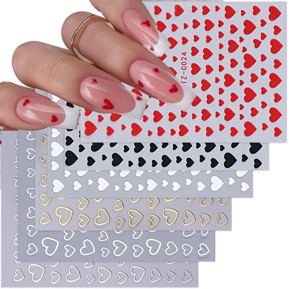 6Sheet Adhesive Red Love Heart Nails Art Decals DIYS Designs Nails Decorations Valentine Day Nails Art Stickers Decals