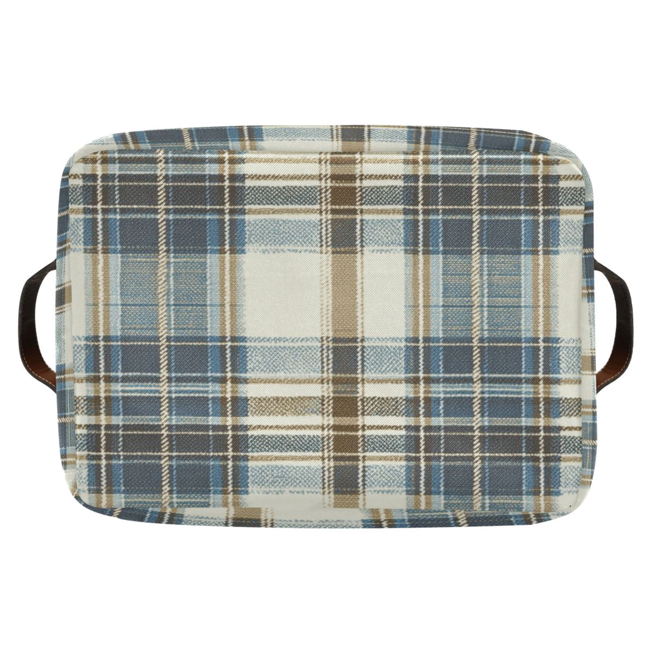 Blue and White Tartan Foldable Storage Basket,Canvas Fabric Foldable Storage Bins with Handles Open Home Storage Bins Boxes for Toy Book Shelf Closet Baskets