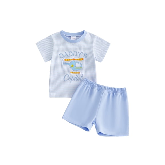BemeyourBBs Toddler Baby Boy Summer Clothes Infant Baby Boys Outfit Daddy's Copilot Letters Helicopter Embroidered Striped Short Sleeve T Shirt Tops and Shorts 2 Pcs Set