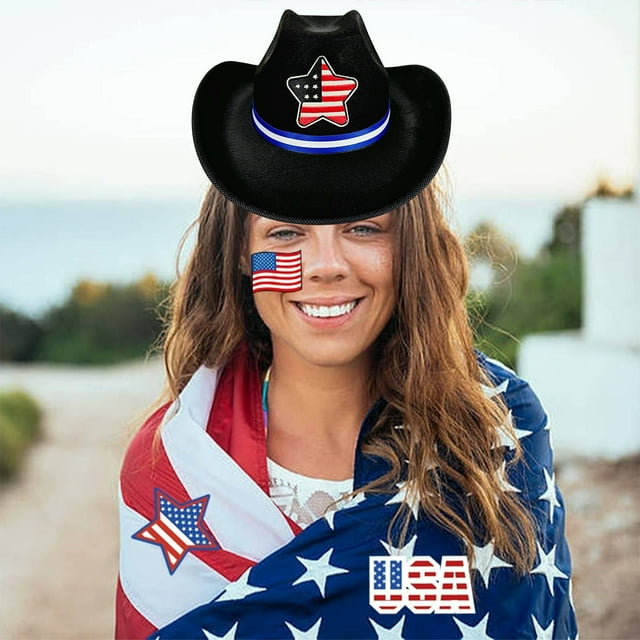 JilgTeok Western Cowboy Hat for Independence Day Ribbon Pentagram Amercian Flag Pattern Theme Party Decorations