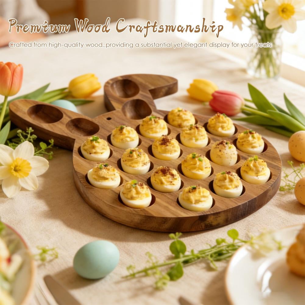 Wooden Deviled Egg Tray Bunny Shaped Deviled Egg Platter Holds 21 Eggs Double Sided Wood Charcuterie Board for Easter Spring Holiday Party Countertop Appetizer Serving Container