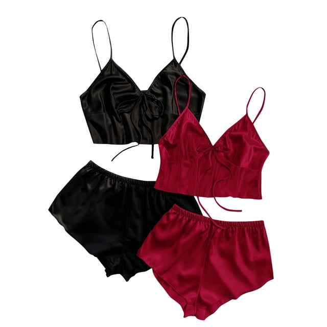 Birdeem 2Pcwomens Solid Suspender Lace Splicing Shorts Pajamas Set
