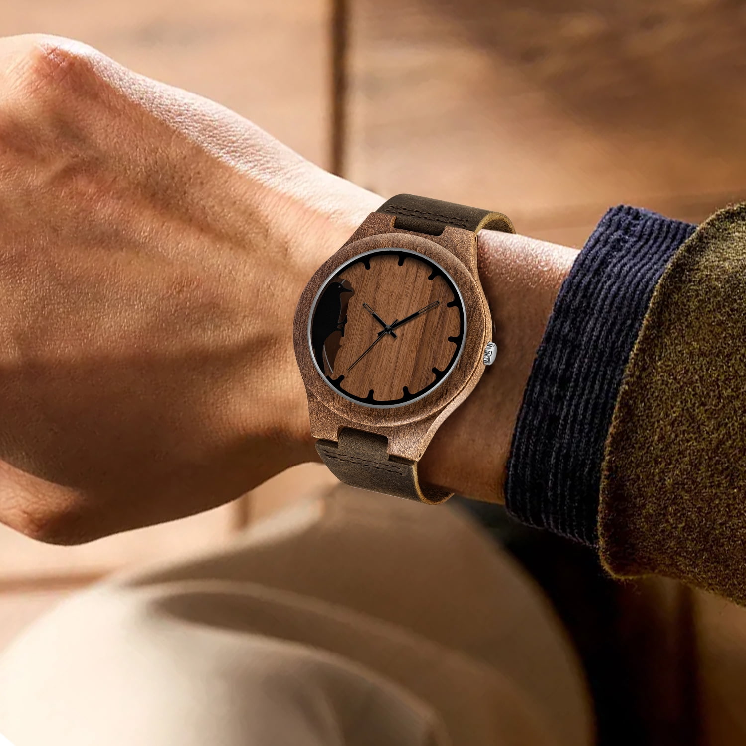 Wooden Watches for Men, Stylish Exotic Wrist Watch with Creative Dial Adjustable Stainless Steel Buckle, Leather Straps, Casual Watches for Man