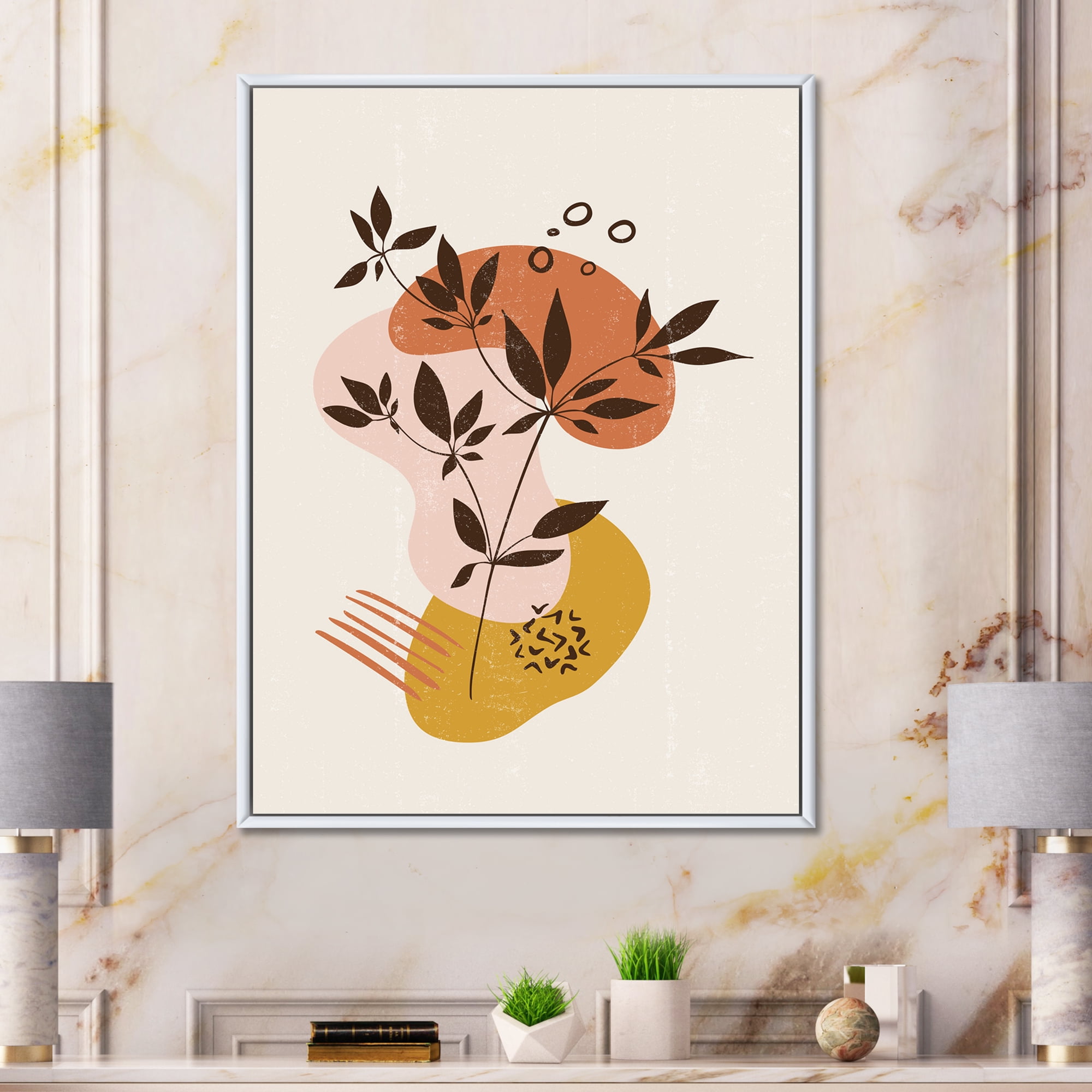 Designart 'Minimalist Shapes With Ancient Plant II' Modern Framed Canvas Wall Art Print