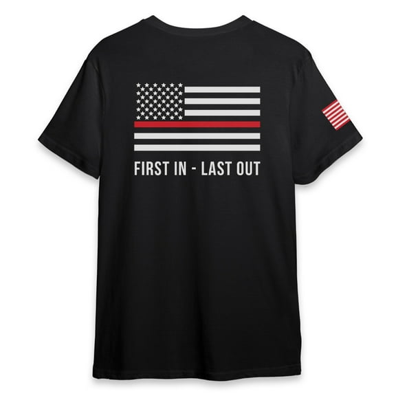PinMart's Thin Red Line T-Shirt - Patriotic Firefighter Shirts for Men and Women - First In Last Out T-Shirts - Firefighter Gifts for Gym or Casual Wear
