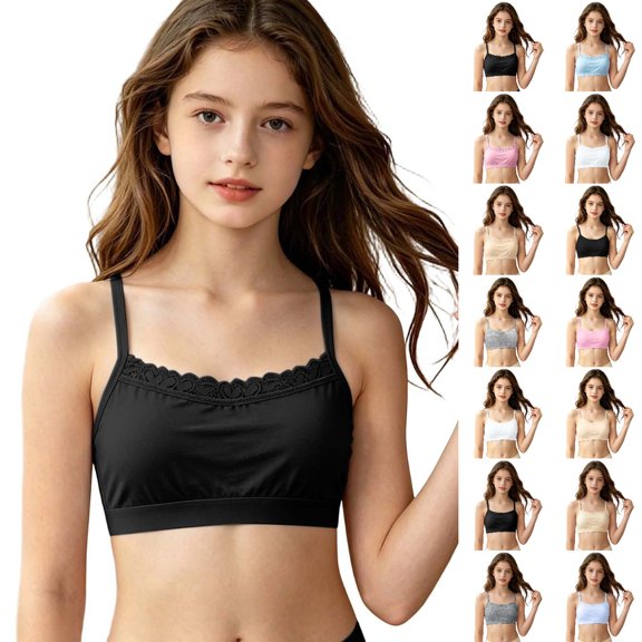 Bmisegm Girls Training Bra Seamless Half Camisole Lace Breathable Vest Top for Tweens Girls Underwear 7-12Y 01_Black,7-12 Years