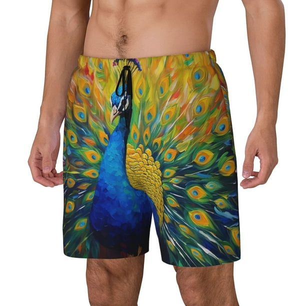 Balery Peacocks Bañador para hombre, shorts de playa de secado rápido con entrepierna y forro de compresión-Medium