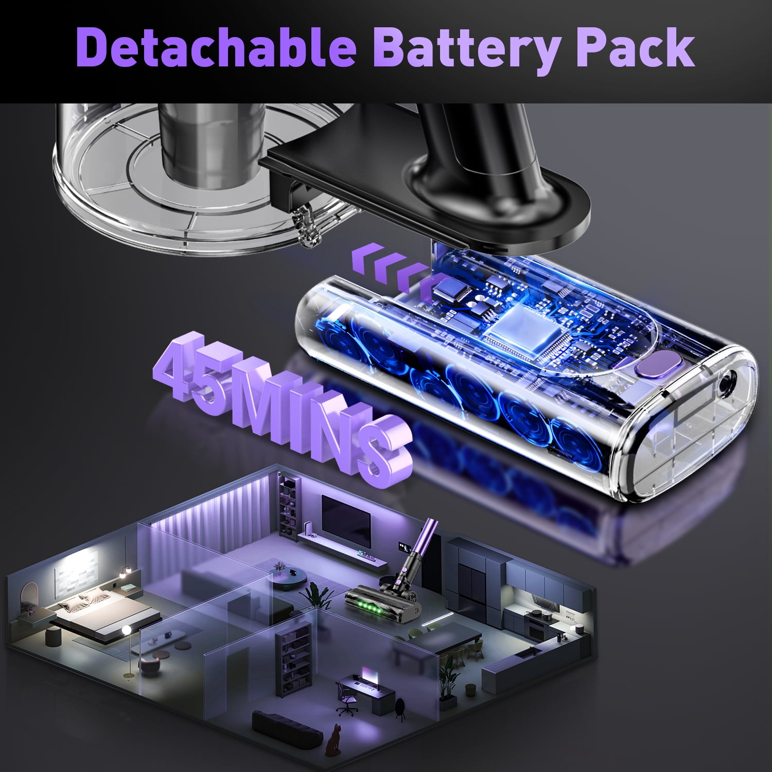 A27 Cordless Vacuum Cleaner, Stick Vacuum with Powerful Suction, Hose, Green LED Light, Anti-Tangle Brush, Lightweight Rechargeable Vacuum Cleaner for Home, Hardwood Floors, Carpets,Purple