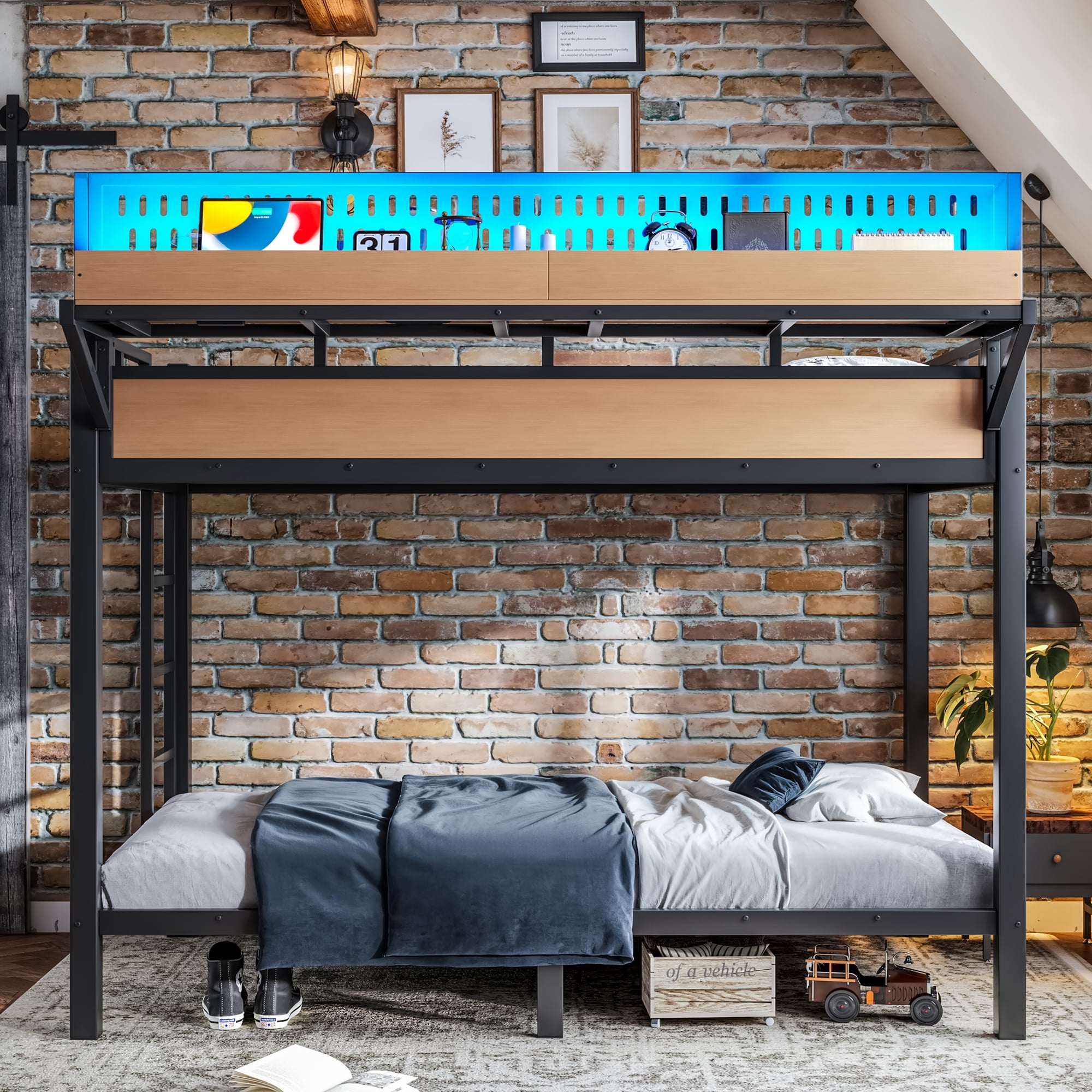 Mintazer Twin XL Over Twin XL Bunk Bed with Storage Shelves and Pegboard, Metal Bunk Bed Frame with LED Lights & Charging Station for Bedroom Guest Room, Black & Brown