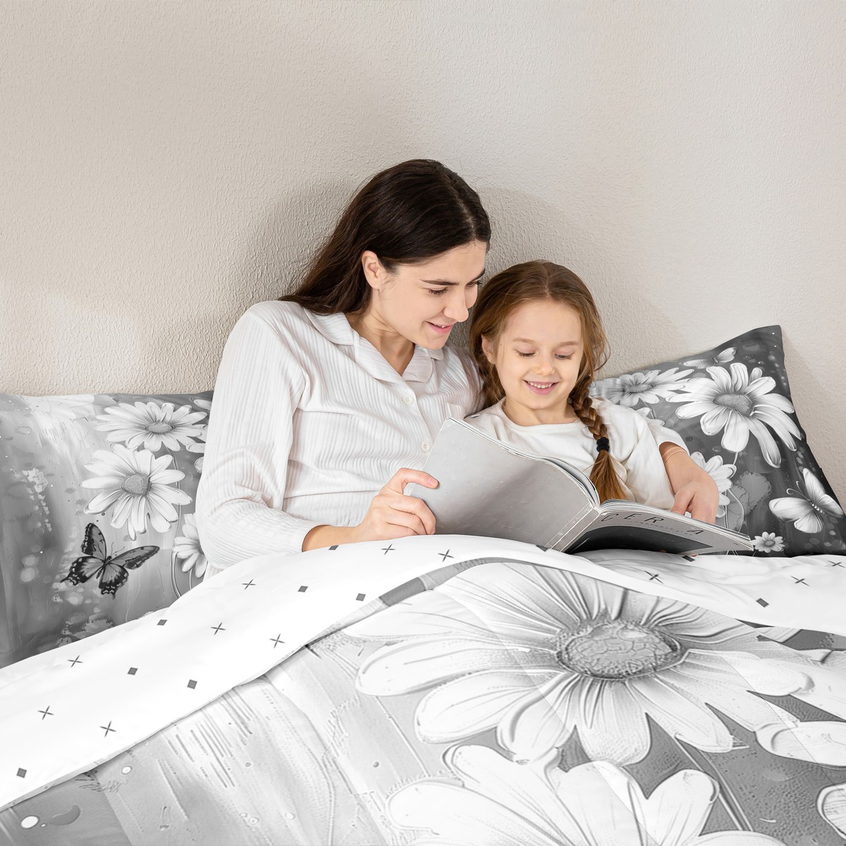 Homewish Rustic Flower Floral 7-Piece Bedding Comforter Set,Oil Painting Artistic King Bedding Sets,Gray White Bed Sheets For Gir Kids,Super Cozy Room Decor Reversible