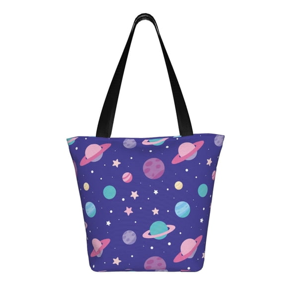 Uemuo Space Print Tote Bags for Women,Large Capacity Corduroy Bag,Reusable Grocery Shoulder Bag,Beach Tote with Zipper Closure, Daily Essentials