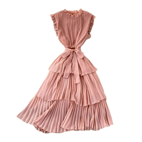 YM YOUMU Women Chiffon Ruffle Tiered Dress Pleated Sleeveless Casual Summer Beach Dresses