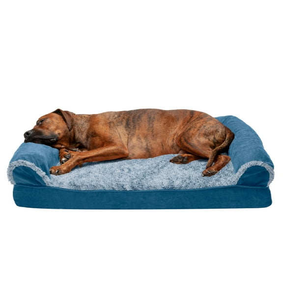 FurHaven Pet Products Two-Tone Faux Fur & Suede Cooling Gel Memory Foam Sofa-Style Pet Bed for Dogs & Cats - Marine Blue, Large