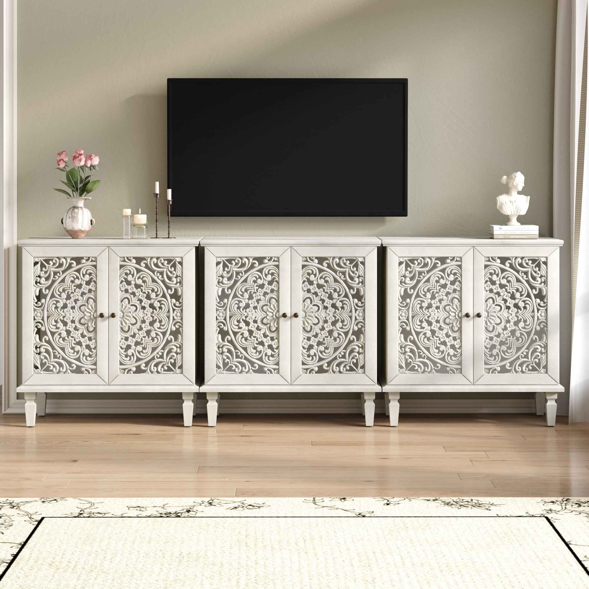 Vintage Accent Cabinet with Floral Carved Doors, 2 Door Sideboard Storage Cabinet with Adjustable Shelf, Antique White