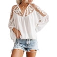thumbnail image 1 of Tops de encaje de ganchillo con cuello en V para mujer, camisas informales sueltas de manga farol, blusas de gasa fluidas Ormromra, 1 of 1