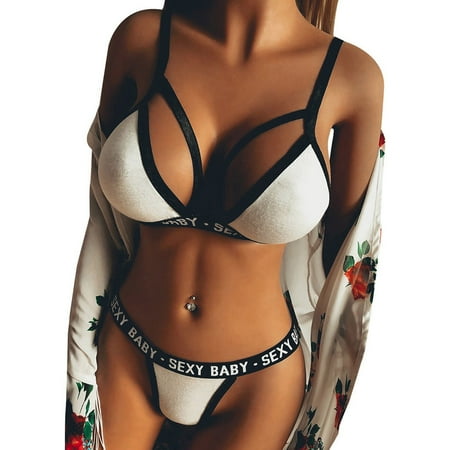 

DENGDENG Lingerie for Women Solid Strappy Teddy Hollow Out Sexy Bra and Panty Sets